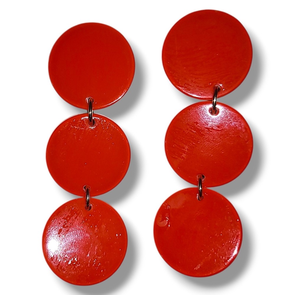 Vintage Red Acrylic Disc Dangle Earrings 3‎ Tier Drop Retro Statement Bold